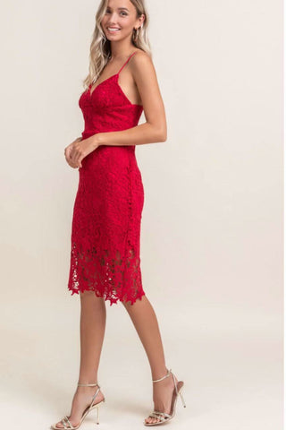 Victoria Red Crochet Lace Midi Dress - Side View