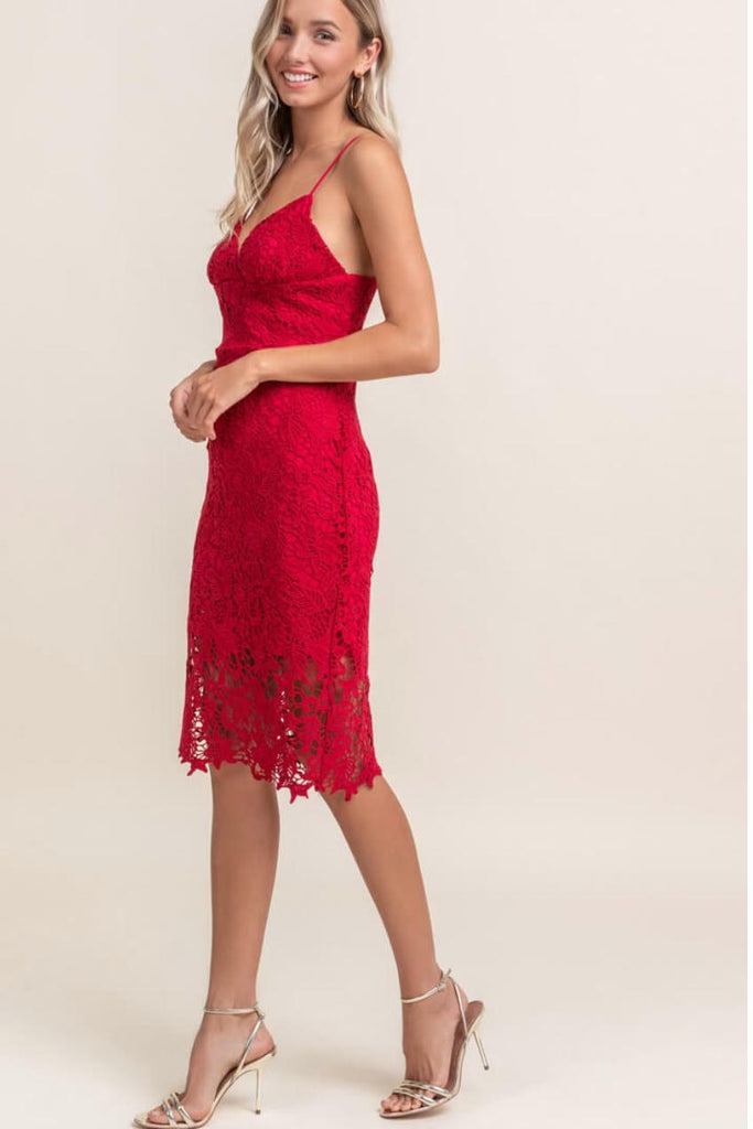 Red Crochet Lace Midi Dress