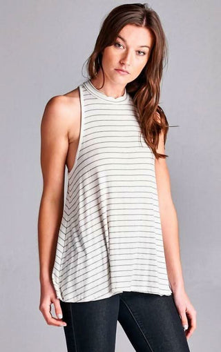 Walk The Line Ivory Striped Mock Neck Swing Top - Detailed View