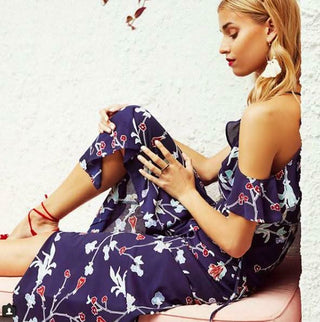  Navy Floral Maxi Dress in Eurosomer photo shoot