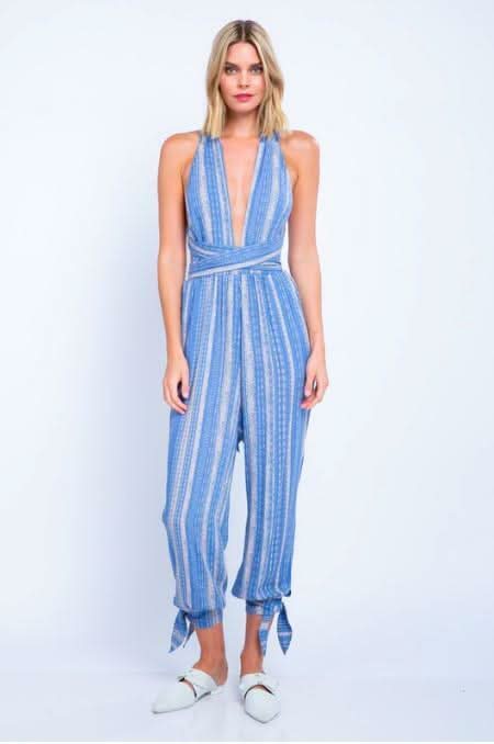 Aphrodite Blue Boho Print Plunge Jumpsuit -  BohoPink