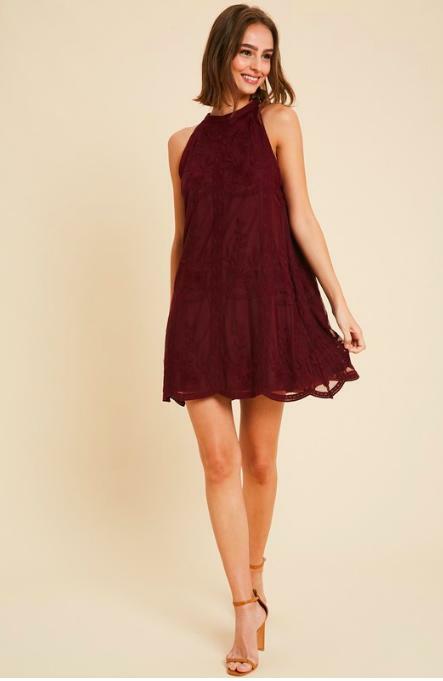 Burgundy Lace Halter Swing Dress