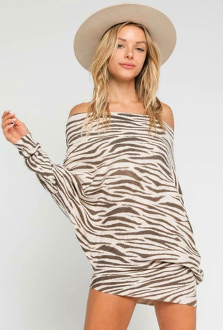 Zebra Print Off-the-Shoulder Tunic Sweater