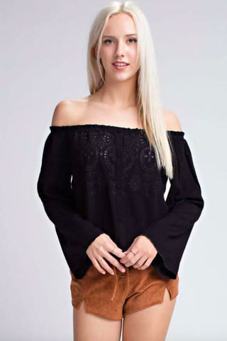 Evia Black Eyelet Off-the-Shoulder Bell Sleeve Top - Front View