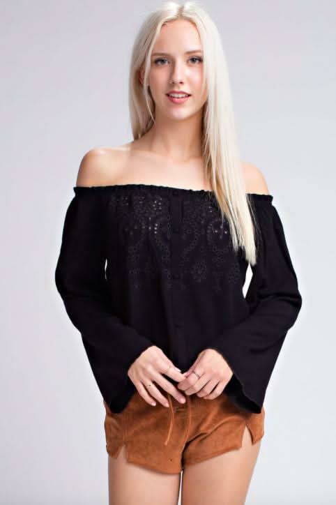 Black Off-Shoulder Bell Sleeve Top