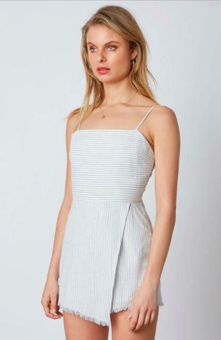 Blue striped open back romper side angle