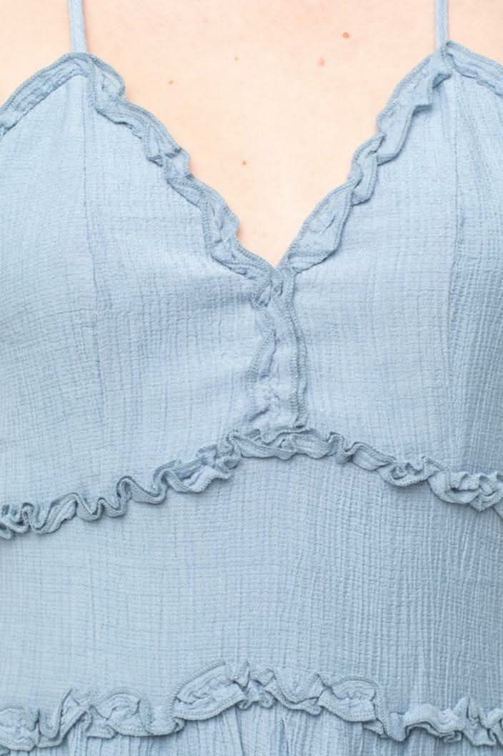 Gina Chambray Blue Ruffle Mini Dress -  BohoPink