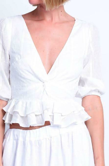 Champs-Élysées White Swiss Dot Ruffle Top a plunge neckline top