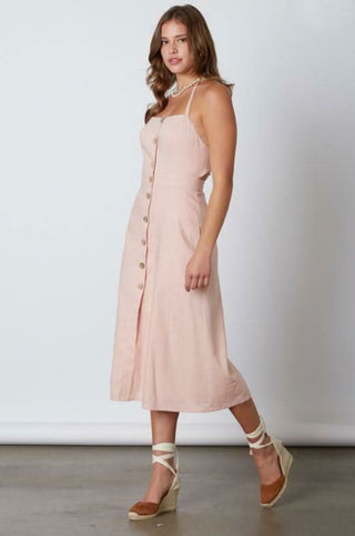Blush pink summer midi dress with open tie-back detail