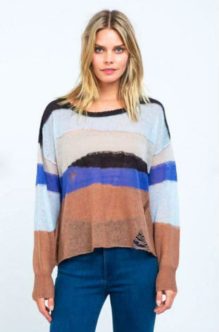 blue multi stripe ripped sweater lightweight sheer knit front view
