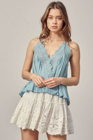 Everything Sweet Foam Blue Lace Trim Tank Top -font view
