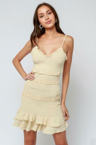 Rhea Cream Smocked Ruffle Mini Dress with V-neckline and tiered ruffle hem