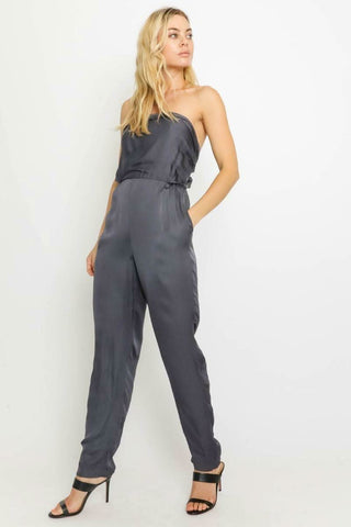 Grey Satin Strapless Jumpsuit 