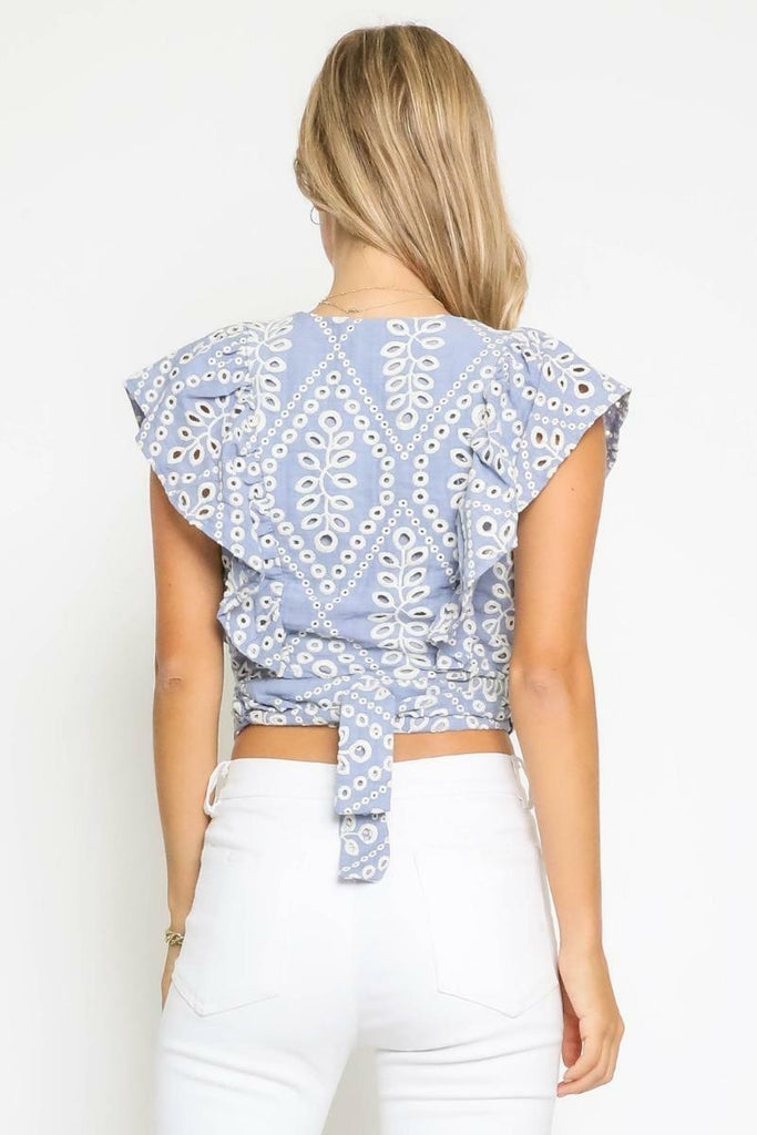 Chambray Eyelet Tie-Back Ruffle Crop Top