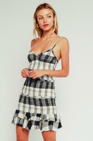 Rhea Black and Cream Plaid Print Smocked Ruffle Mini Dress front view