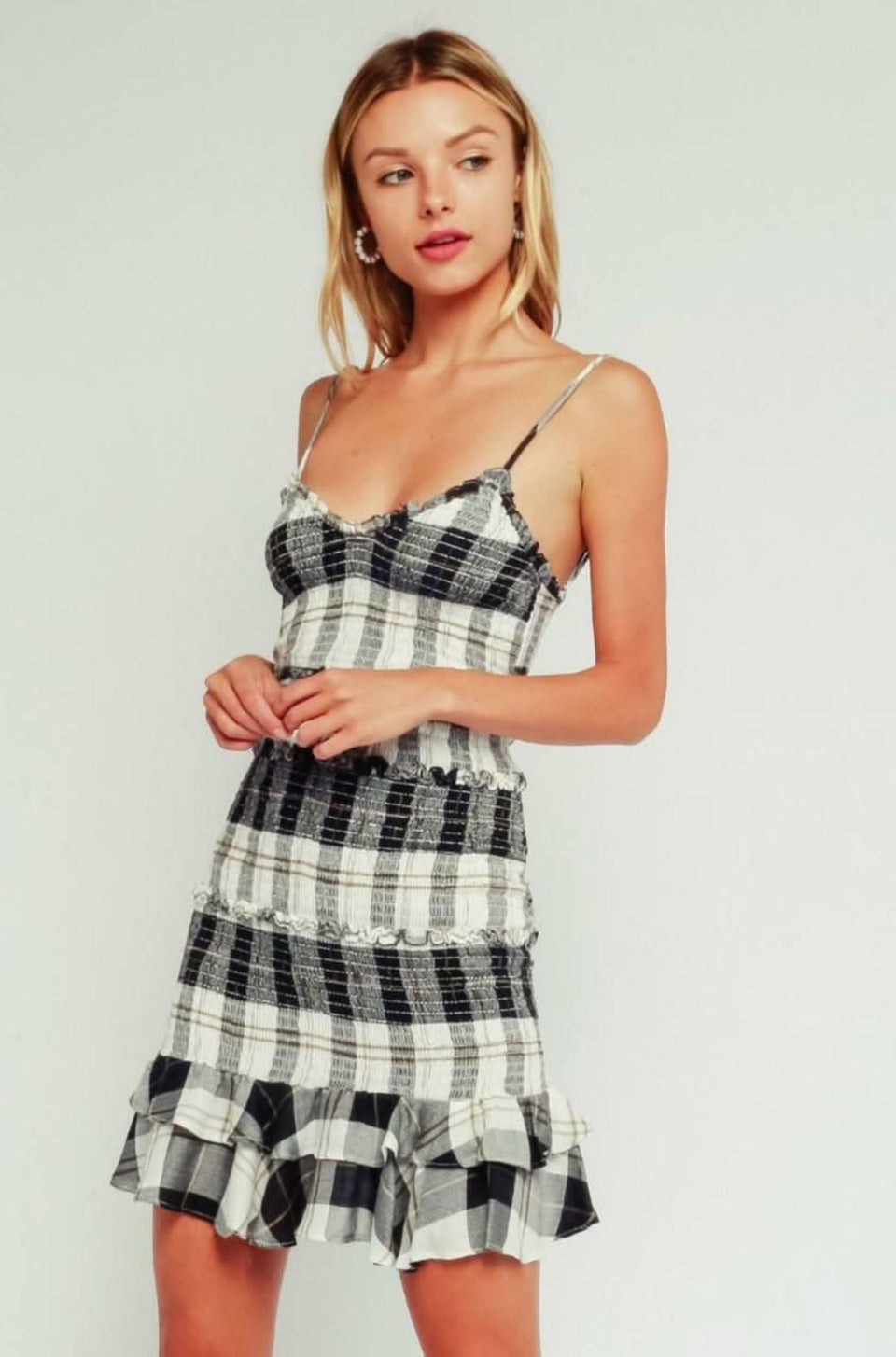 Rhea Black and Cream Plaid Print Smocked Ruffle Mini Dress front view