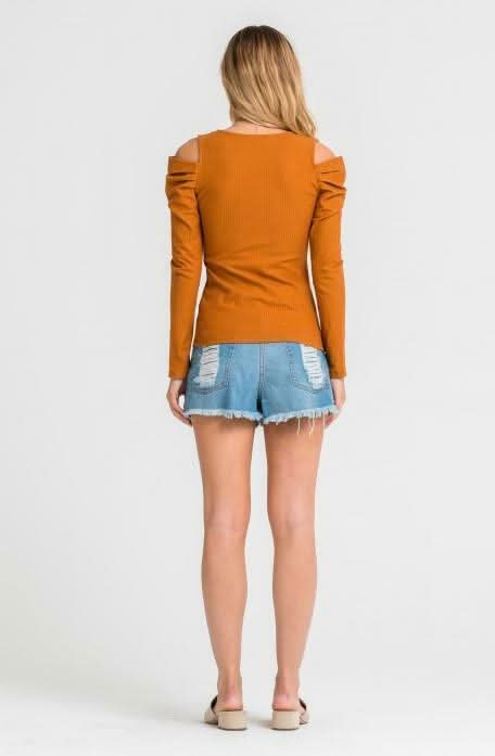 Just the Basic Mustard Cold-Shoulder Top -  BohoPink