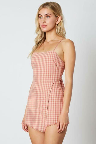 Pink textured woven romper side view
