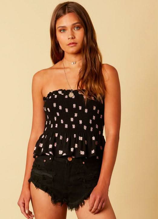 Black Print Smocked plum Tube Top