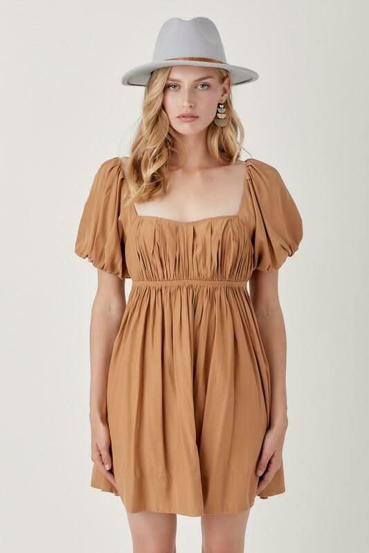 Mustard Seed Chloe Biscuit Puff Sleeve Mini Dress - Size L - Tan Puff Sleeves, Pleated Bodice, Criss Cross Back Mustard Seed Chloe Biscuit Puff Sleeve Mini Dress - Size L - Tan Puff Sleeves, Pleated Bodice, Criss Cross Back
