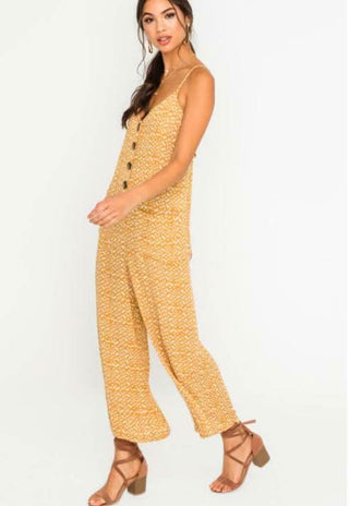 Tory Mustard Print Wide Leg Jumpsuit styled with lace-up sandals