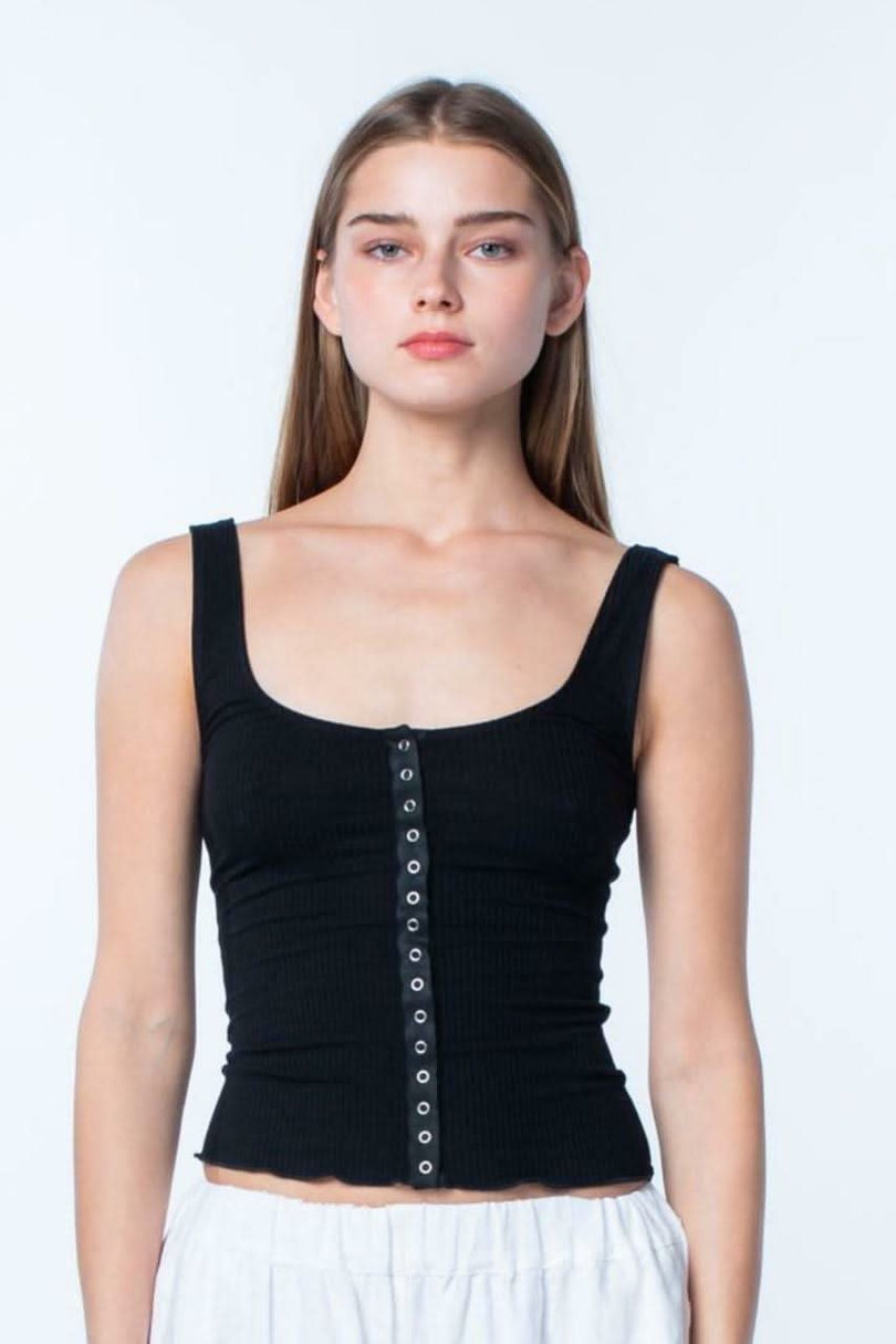 Set Me Free Solid Rib Black Cropped Tank Top - Front View