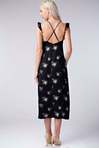 Along the Prairie Black Floral Print Midi Dress - Back View