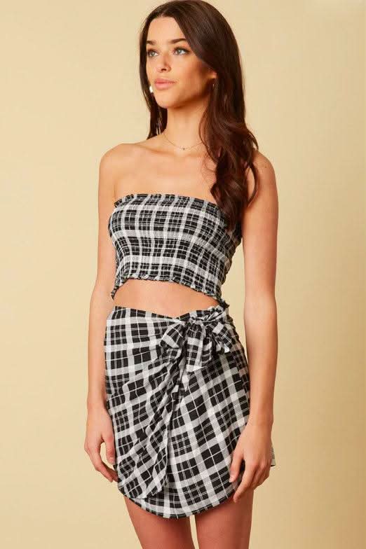 Black Plaid Wrap Dress Set
