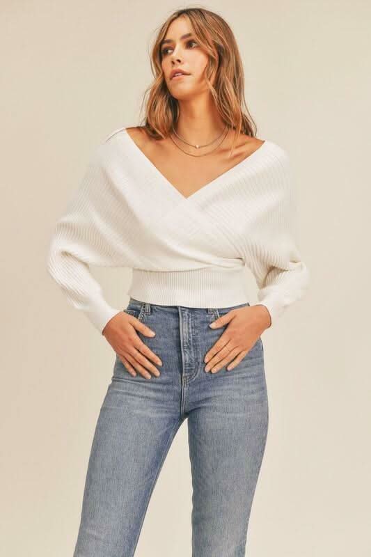 White Ribbed Surplice Cropped Sweater
