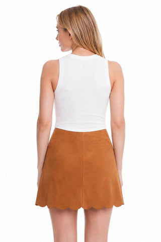 Back View Hello Mademoiselle Camel Suede Wrap Mini Skirt 