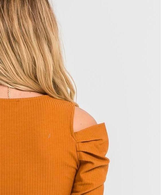 Just the Basic Mustard Cold-Shoulder Top -  BohoPink