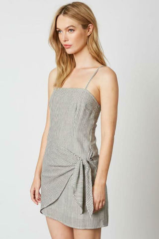 Cream and black striped dress with side tie detail
