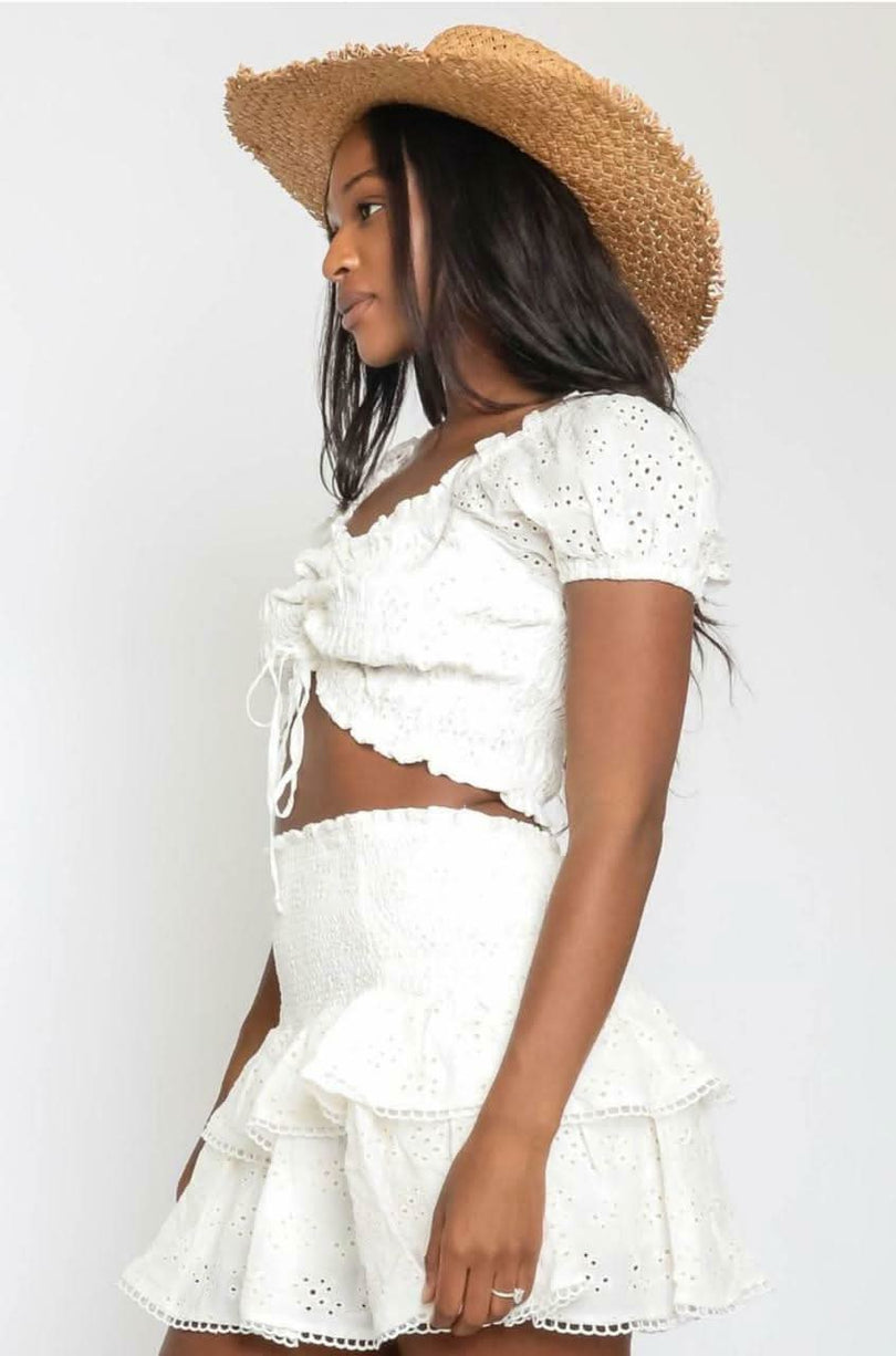 Daybreak White Eyelet Drawstring Crop Top -  BohoPink