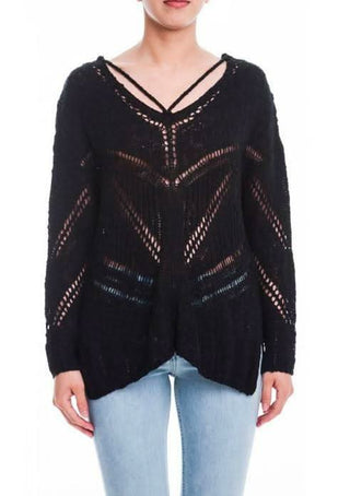 LUSH Moonlight Sweetness Black Crochet Strappy Sweater - Open Knit Design
