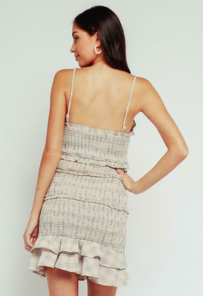 Cream Plaid Smocked Ruffle Mini Dress