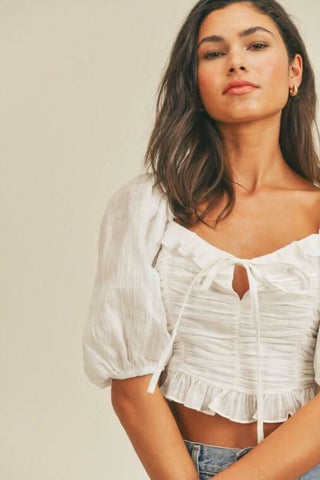 Kimberly White Square Neck Puff Sleeve Crop Top close-up showing puff sleeves and ruffle tie