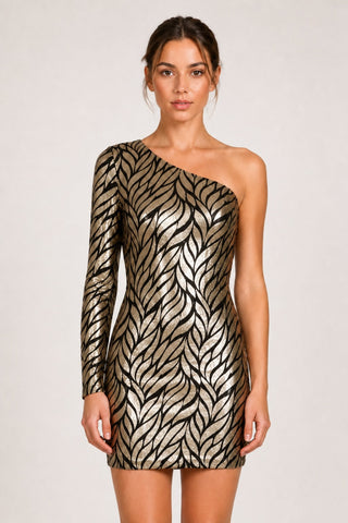 Poison Ivy Gold Sequin One Shoulder Dress - Homecoming Outfit - Front`