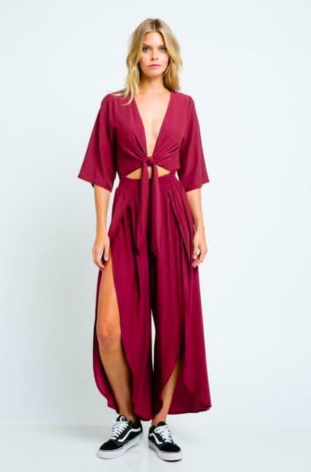 Burgundy Plunge Neckline Jumpsuit 