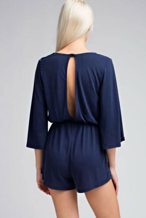 Be Bashful Vintage Blue Wrap Romper -  BohoPink