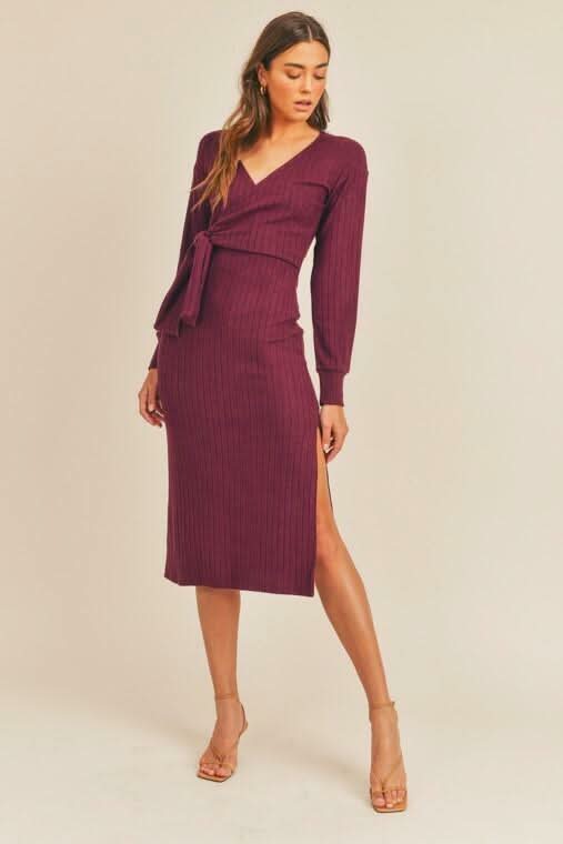 Ribbed Knit Long Sleeve Midi Dress