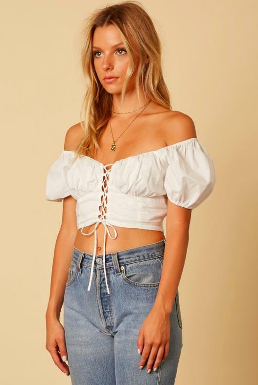  White Lace-Up Puff Sleeve Crop Top