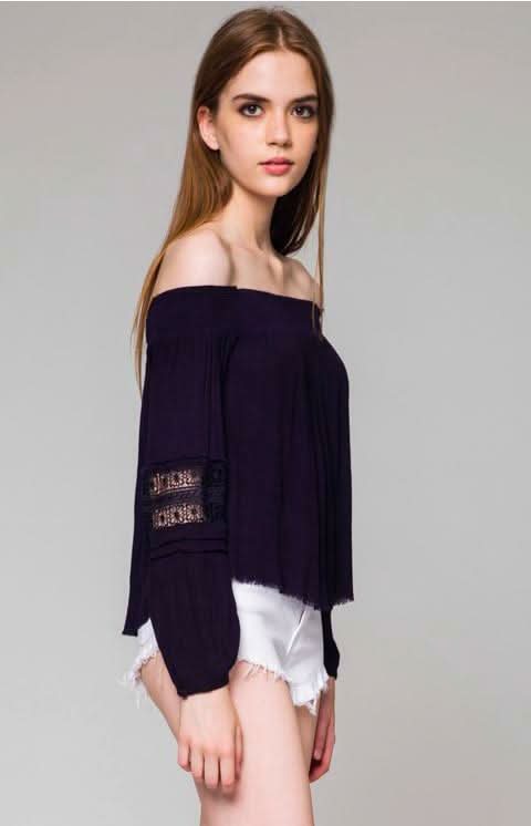 Navy Off-The-Shoulder Crochet Sleeve Top