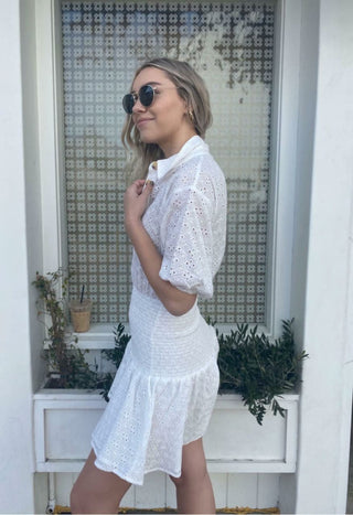 White Eyelet Skater Dress Side View - Skater Ruffle Mini Skirt
