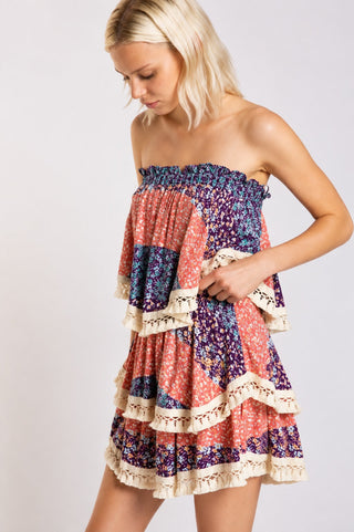 Summer Fields Blue and Blush Floral Print Strapless Two-Piece Set - Detailed View