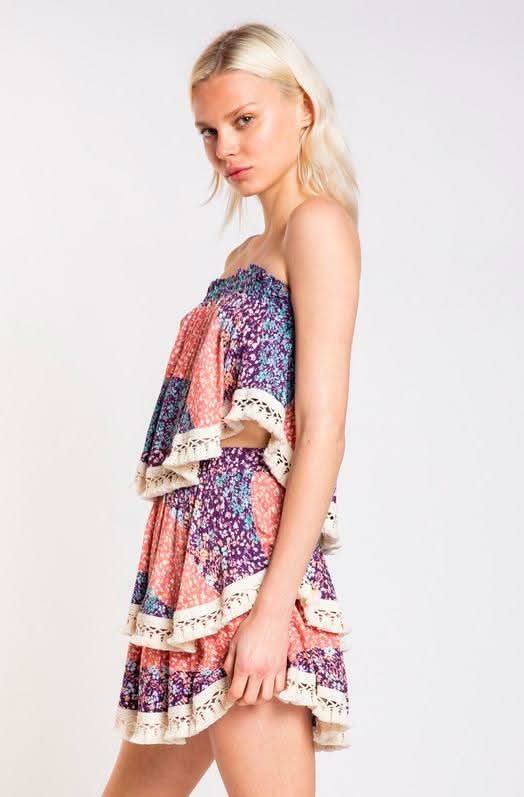 Summer Fields Blue and Blush Floral Print Strapless Two-Piece Set a boho set