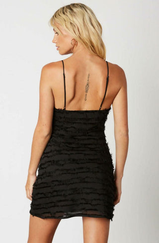Black fringe party dress back view