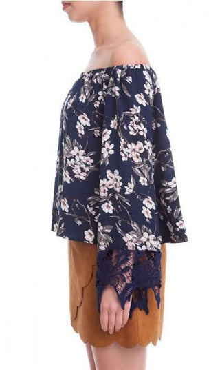 Side view Always and Forever Navy Floral Off-the-Shoulder Top