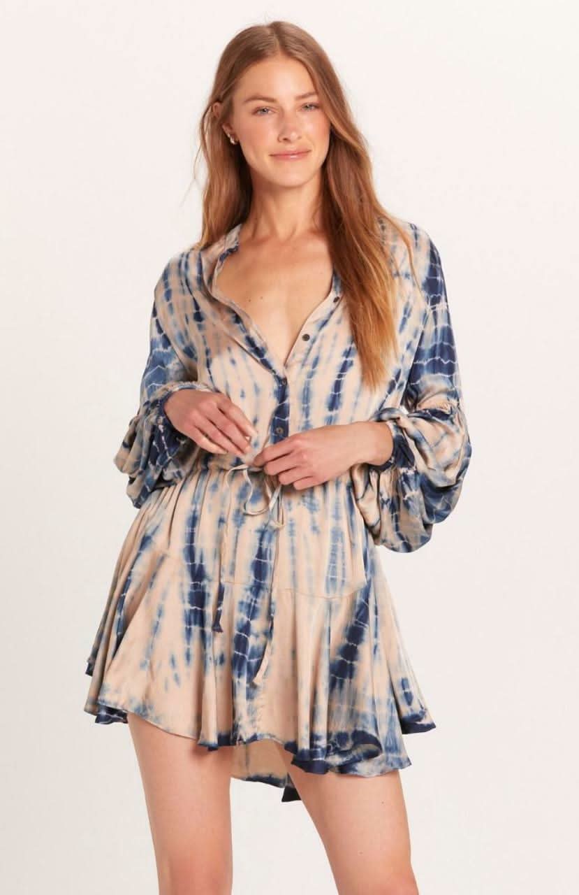 Nude and Navy Tie-Dye Long Puff Sleeve Dress | Boho Pink Nude and Navy Tie-Dye Long Puff Sleeve Dress | Boho Pink