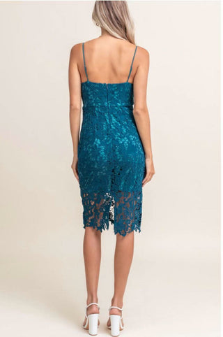 Victoria Teal Blue Crochet Lace Midi Dress - Back View