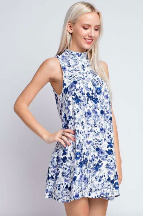 Blue and White Floral Mock Neck Shift Dress
